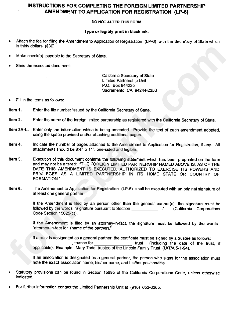 Form Lp-6 - Instructions For Completing The Foreign Limited Partnership Amendment To Application For Registration