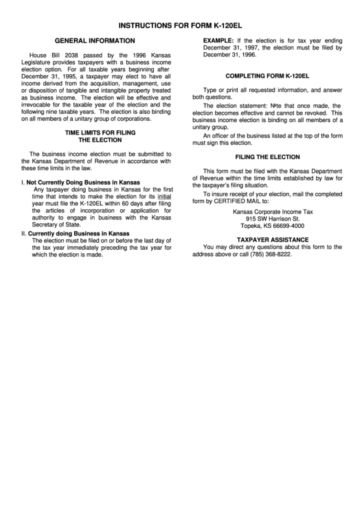 Instructions For Form K-120el - Kansas Department Of Revenue Printable pdf