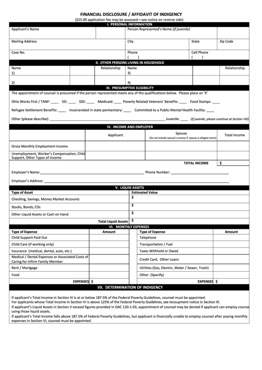 Fillable Financial Disclosure / Affidavit Of Indigency Sheet - 2012 Printable pdf