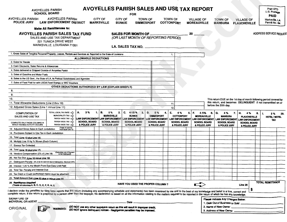 Sales And Use Tax Report Form - Avoyelles Parish