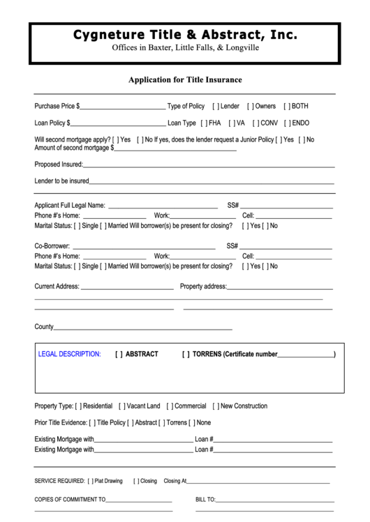 Application For Title Insurance Form Printable pdf