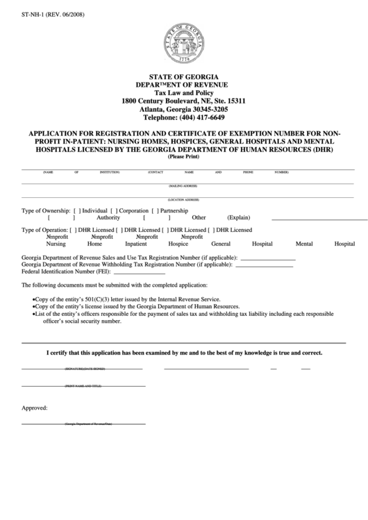 Form St-Nh-1 - Application For Registration And Certificate Of Exemption Number For Nonprofit In-Patient: Nursing Homes, Hospices, General Hospitals And Mental Hospitals Licensed By The Georgia Department Of Human Resources (Dhr) Printable pdf