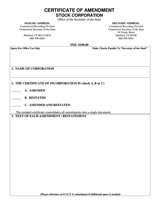 Certificate Of Amendment Stock Corporation Form - Secretary Of The State - 2009 Printable pdf