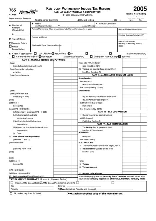 Form 765 - Kentucky Partnership Income Tax Return (Llc, Llp And Lp Taxed As A Corporation) - 2005 Printable pdf