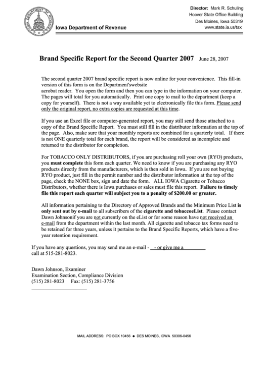 Fillable Form 70-020 - Brand Specific Report For The Second Quarter 2007 Printable pdf