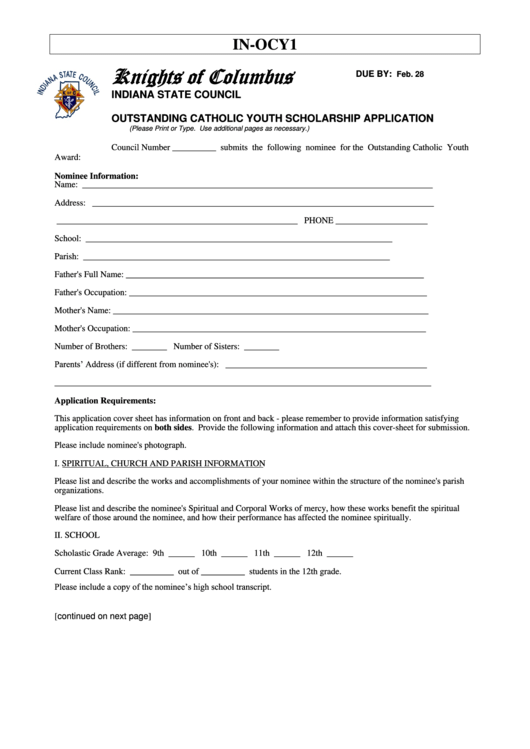 Form In-Ocy1 - Outstanding Catholic Youth Scholarship Application Printable pdf
