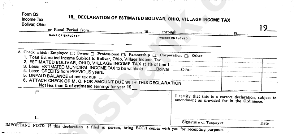 Form Q3 - Declaration Of Estimated Income Tax - Village Of Bolivar