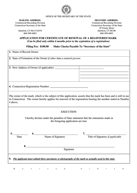 Application For Certificate Of Renewal Of A Registered Mark - Connecticut Secretary Of The State Printable pdf