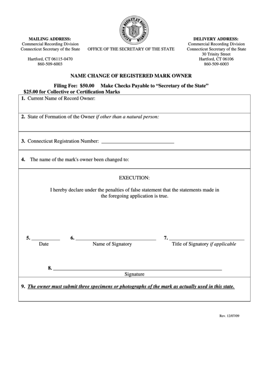 Name Change Of Registered Mark Owner Form - Connecticut Secretary Of The State Printable pdf