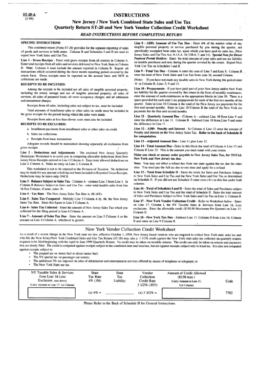 Form St-20-A - Instructions - New Jersey / New York Combined State Sales And Use Tax Quarterly Return Printable pdf