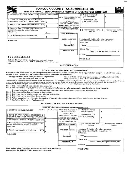 Form W-1 - Employer's Quarterly Return Of License Fees Withheld - Hancock County