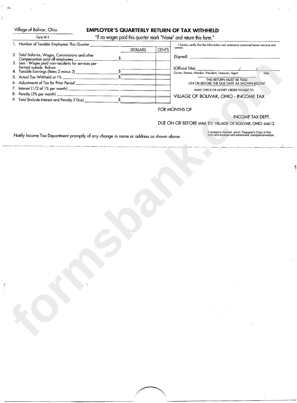 Form W 1 Employers Quarterly Return Of Tax Withheld Printable Pdf Download