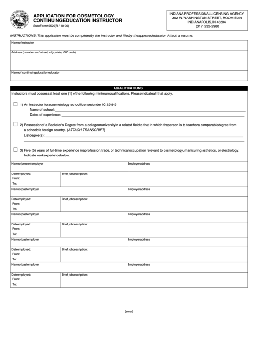 State Form 49529 - Application For Cosmetology Continuing Education Instructor - 2000 Printable pdf