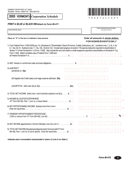 Vermont Form Bi-472 - S Corporation Schedule - 2005 Printable pdf