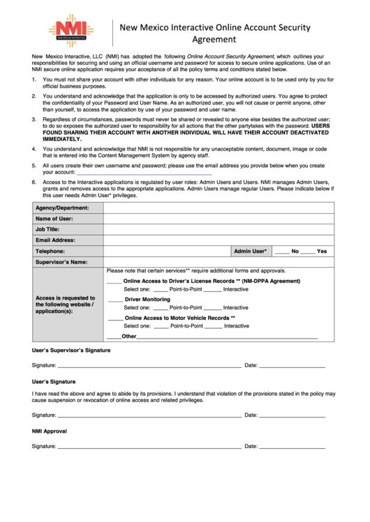 Fillable New Mexico Interactive Online Account Security Agreement Form Printable pdf