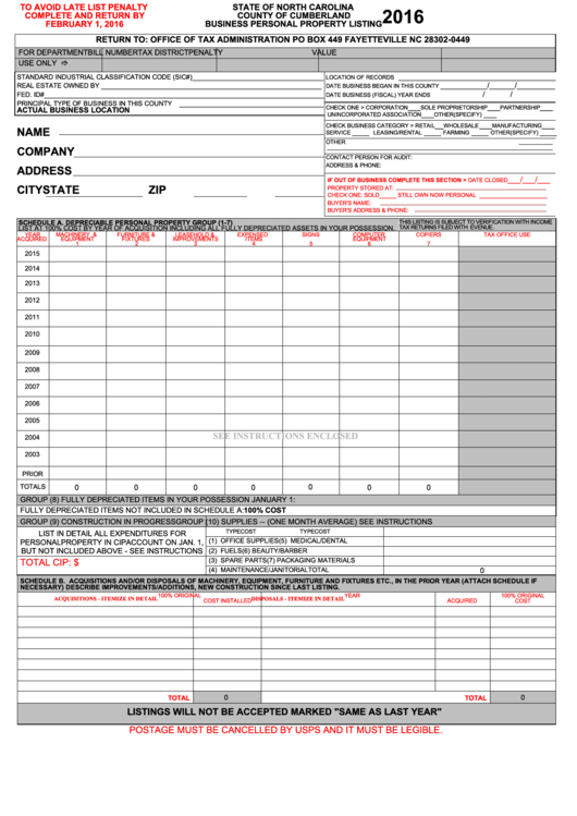 Fillable Business Personal Property Listing - County Of Cumberland - 2016 Printable pdf