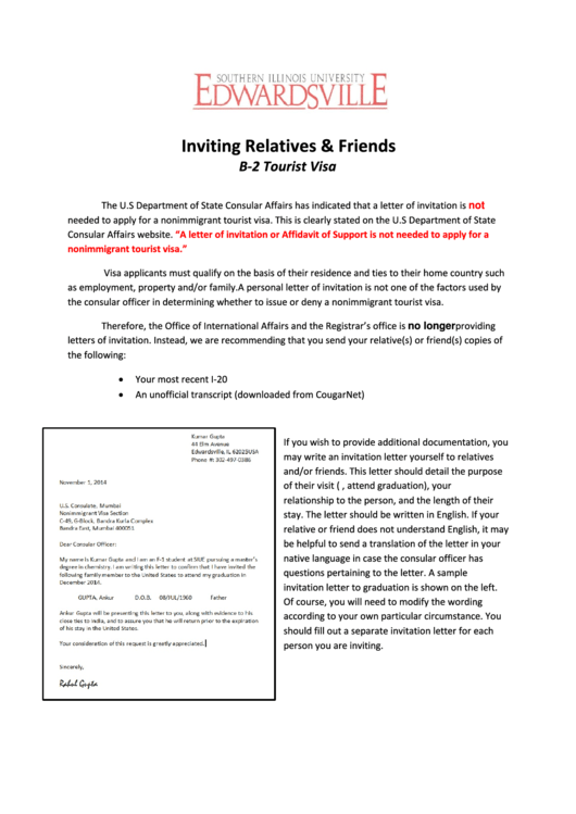 Inviting Relatives & Friends B-2 Tourist Visa Sample Printable pdf