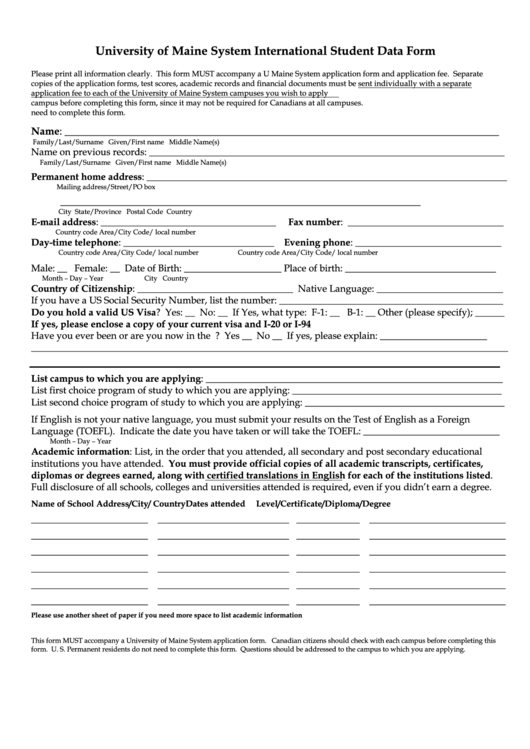 Student Data Form Printable pdf
