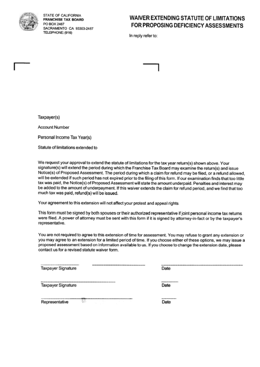 Waiver Form For Extending Statute Of Limitations For Proposing Deficiency Assessments Printable pdf