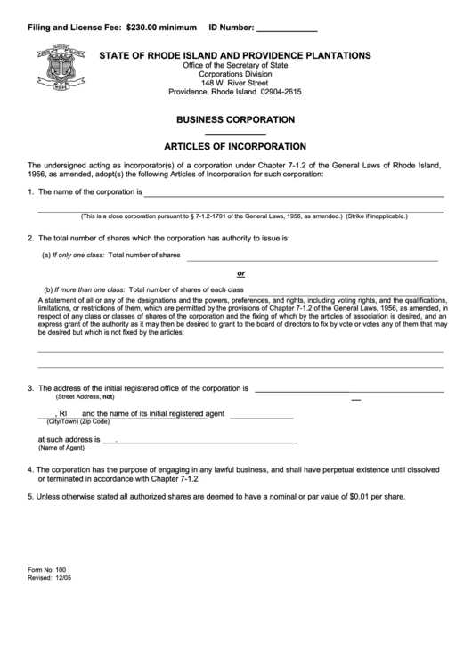 Fillable Form 100 - Business Corporation - Articles Of Incorporation Printable pdf