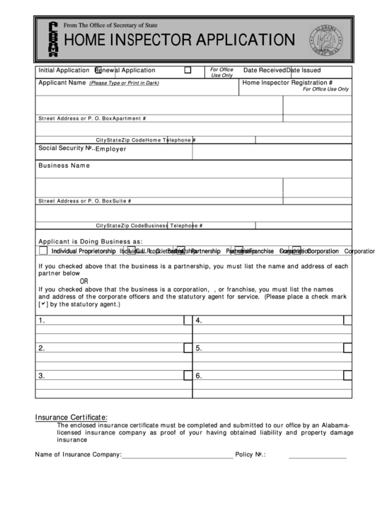 Home Inspector Application Printable pdf