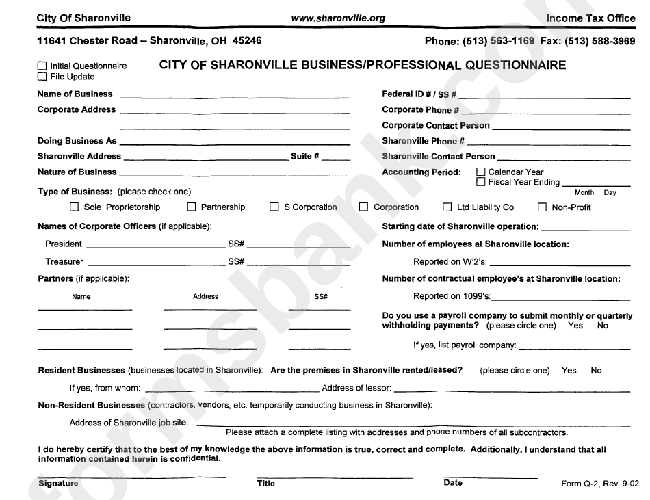 Form Q-2 - City Of Sharonville Business/professional Questionnaire