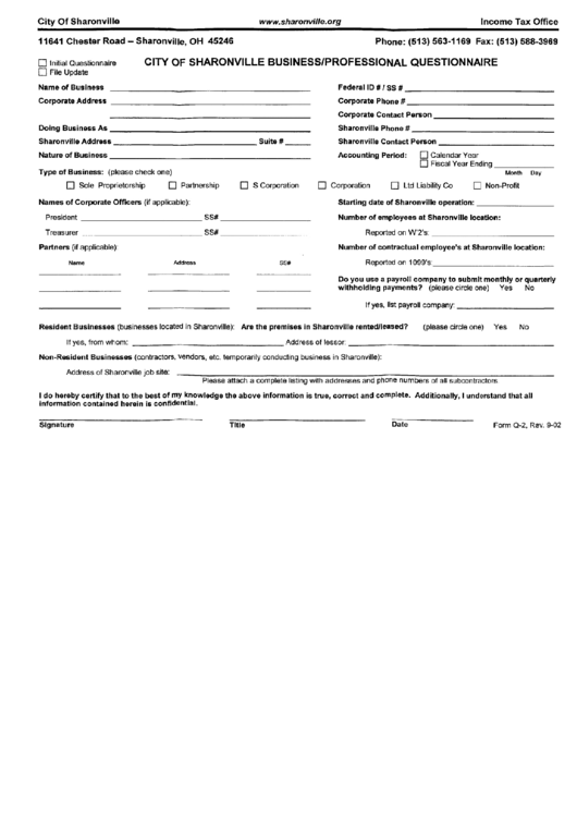 Form Q-2 - City Of Sharonville Business/professional Questionnaire Printable pdf