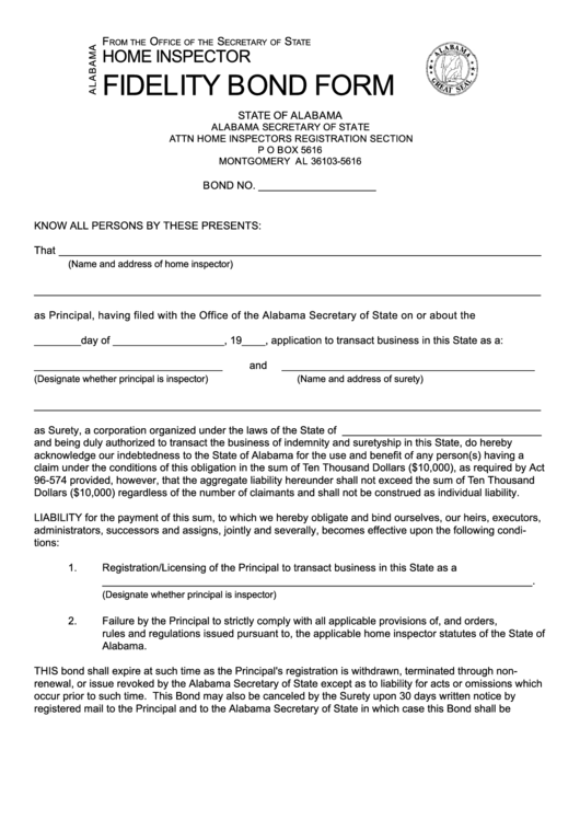 Home Inspector Fidelity Bond Form - 1996 Printable pdf