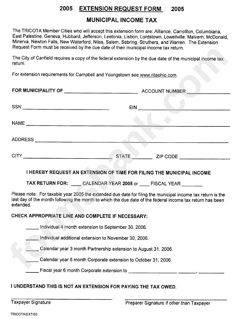 Extension Request Form Municipal Income Tax - 2005
