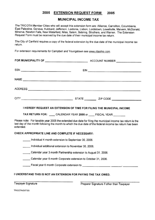 Extension Request Form Municipal Income Tax - 2005 Printable pdf