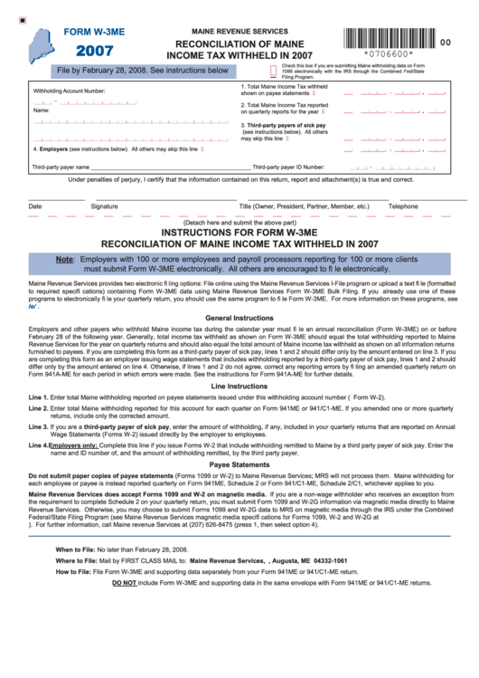 Form W-3me - Reconciliation Of Maine Income Tax Withheld In 2007 Printable pdf