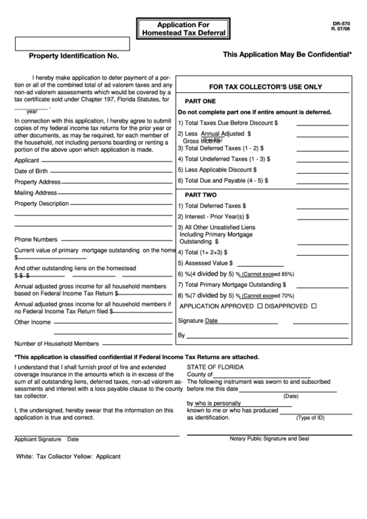 Form Dr-570 - Application For Homestead Tax Deferral Printable pdf