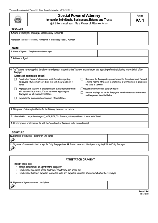 Form Pa-1 - Special Power Of Attorney Printable pdf