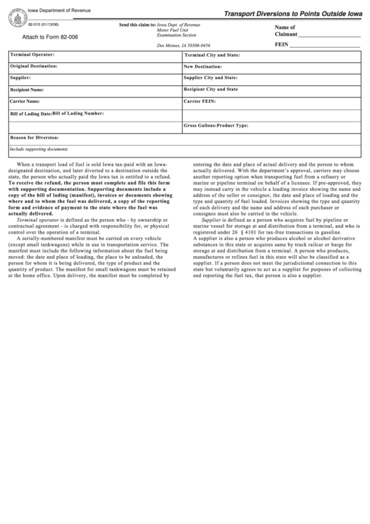 Form 82-010 - Transport Diversions Points Outside Iowa - 2006 Printable pdf