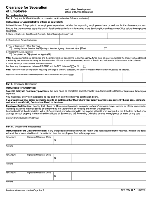 Form Hud-58-A - Clearance For Separation Of Employee - 2000 Printable pdf
