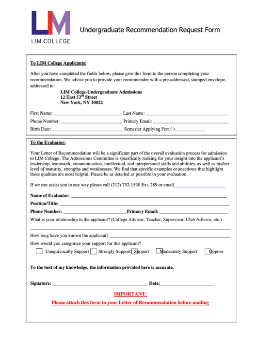 Undergraduate Recommendation Request Form Printable pdf