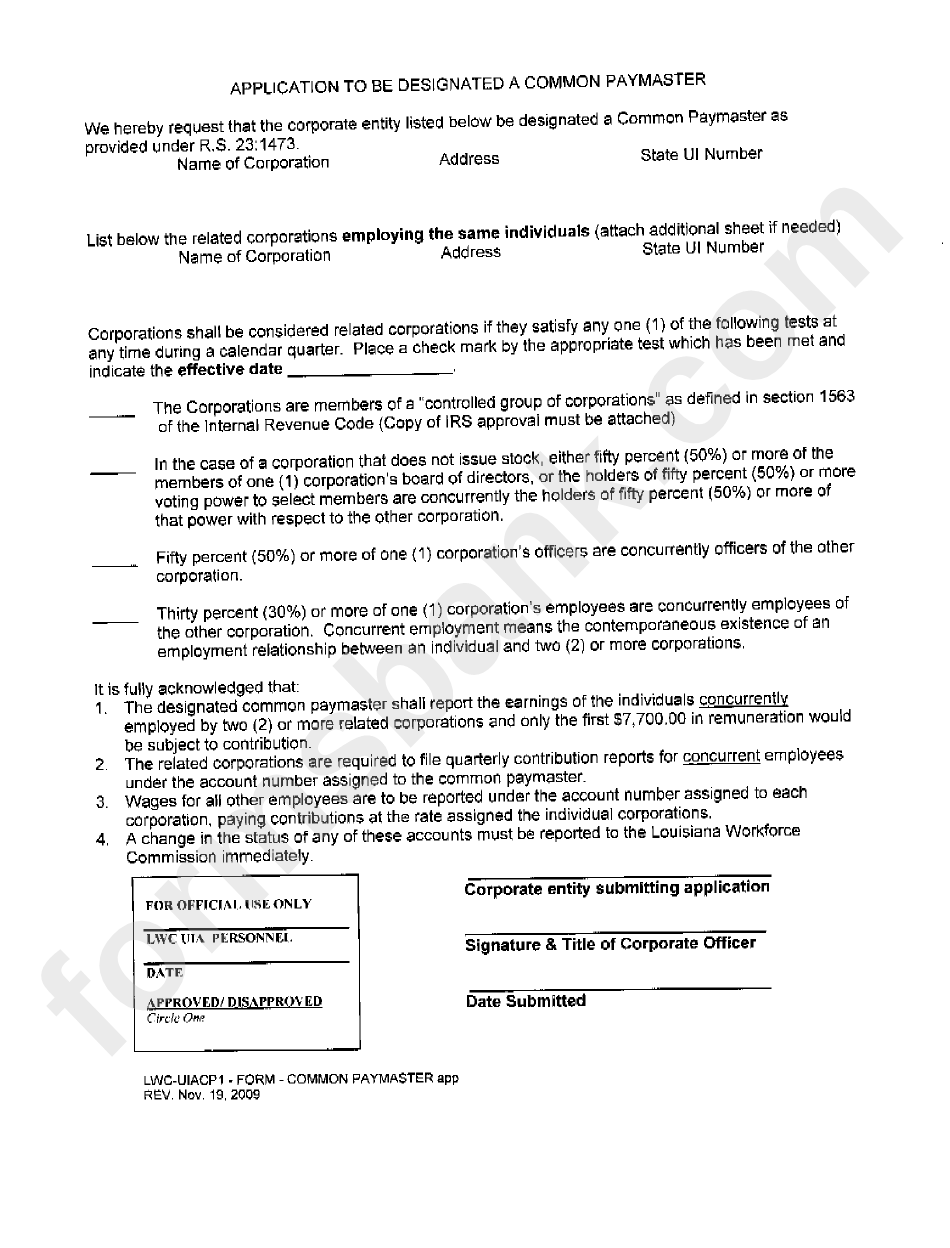 Form Lwc-Uiacp 1 - Application To Be Designated A Common Paymaster