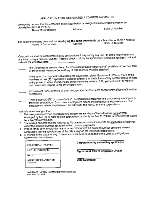 Form Lwc-Uiacp 1 - Application To Be Designated A Common Paymaster Printable pdf