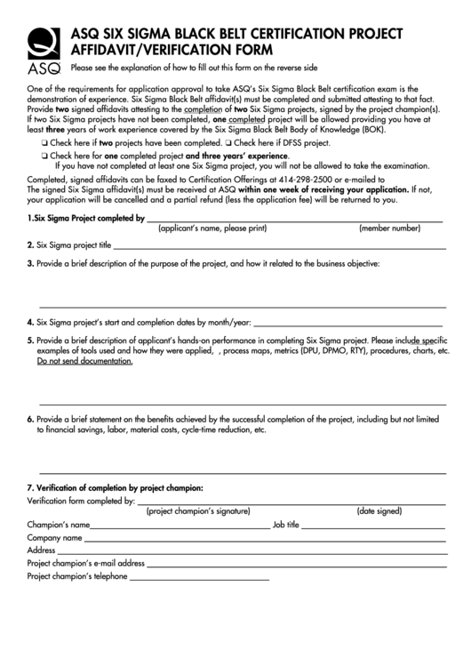 Fillable Asq Six Sigma Black Belt Certification Project Affidavit/verification Form Printable pdf