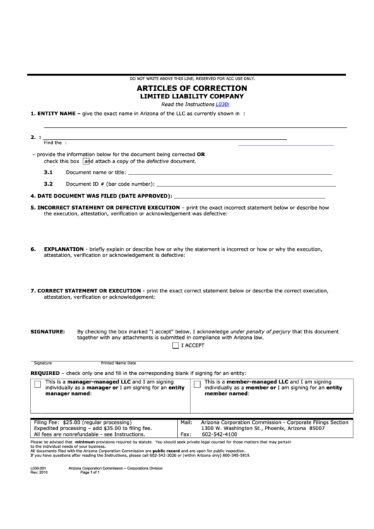 Form L030.001 - Articles Of Correction Limited Liability Company - 2010