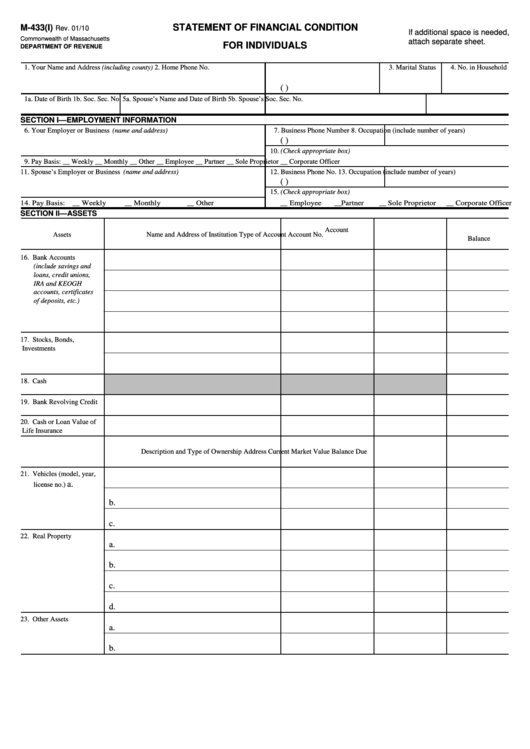 Form M-433(I) - Statement Of Financial Condition For Individuals Printable pdf