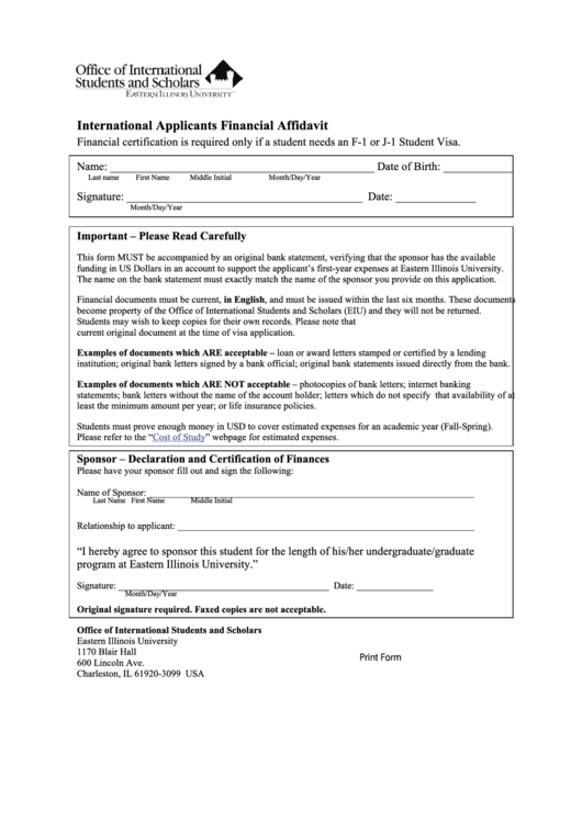 Fillable International Applicants Financial Affidavit Form Printable pdf