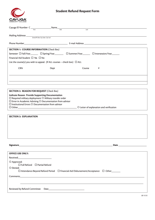 Student Refund Request Form Printable pdf