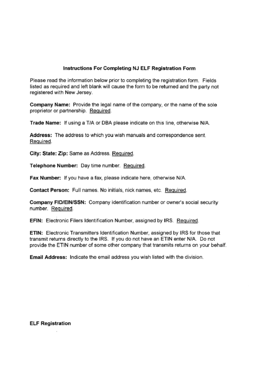 Instructions For Completing Nj Elf Registration Form Printable pdf