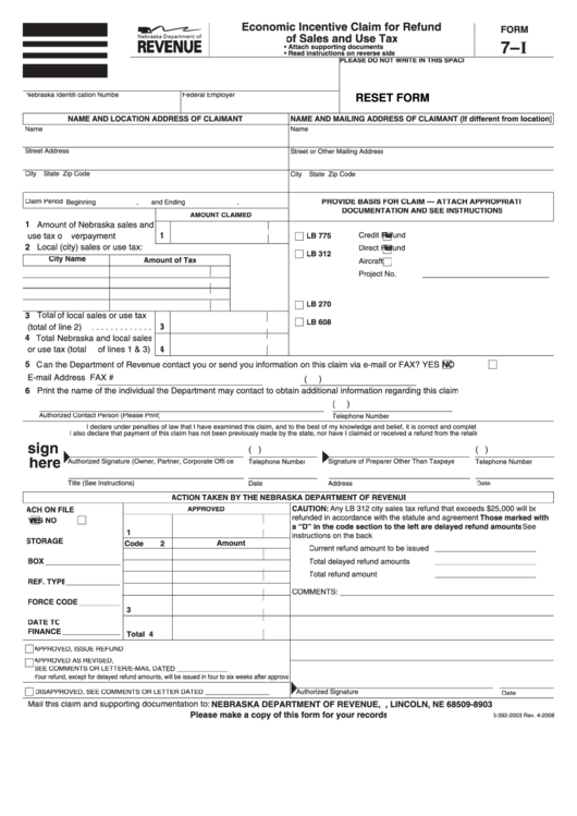 Fillable Form 7-I - Economic Incentive Claim For Refund Of Sales And Use Tax Printable pdf