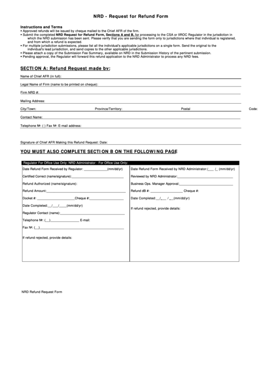 Nrd - Request For Refund Form Printable pdf