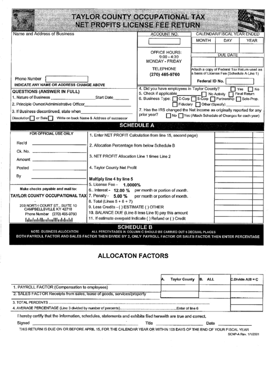 Net Profits License Fee Return Form Printable pdf