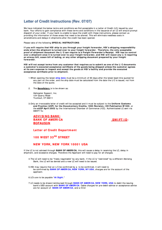 Letter Of Credit Instructions 2007 Printable pdf
