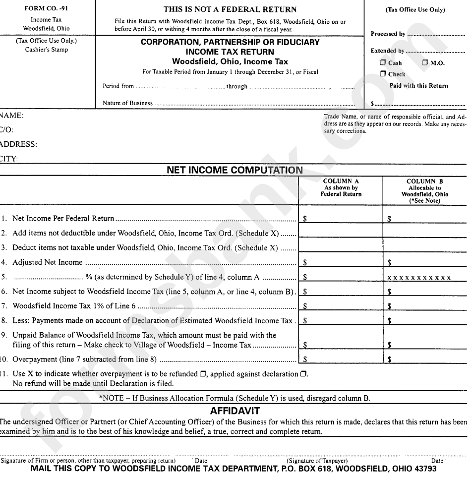 Form Co.-91 - Corporation, Partnership Or Fiduiary Income Tax Return Form