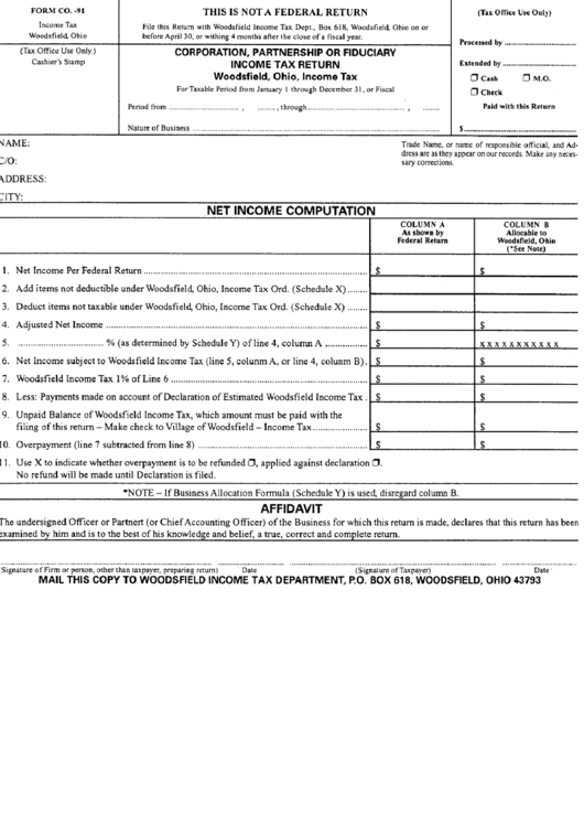 Form Co.-91 - Corporation, Partnership Or Fiduiary Income Tax Return Form Printable pdf